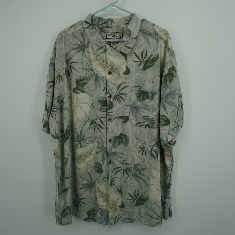 Caribbean Joe Button‎ Up Shirt Mens 2XL Green Floral Tropical Rayon Short Sleeve